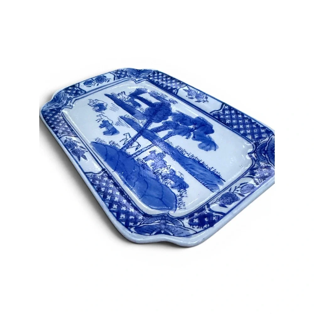 Vintage Blue + White Porcelain Rectangular Platter | Chinoiserie Horse Landscape